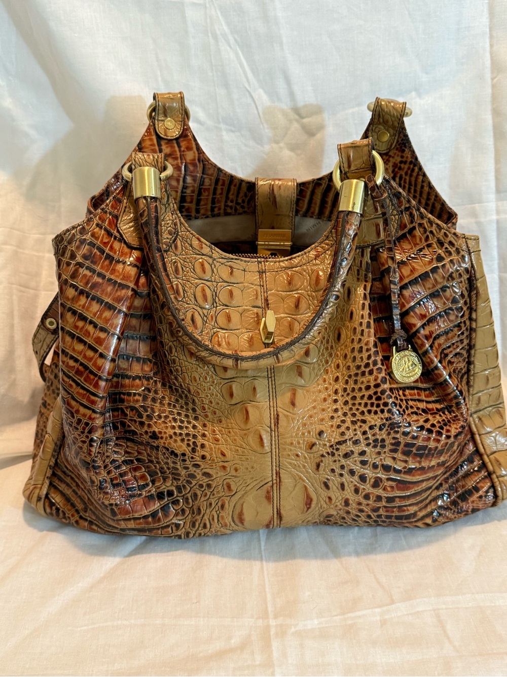 Brahmin Croc-Embossed Shoulder Bag in Tan with Gold Hardware - Picture 4 of 15